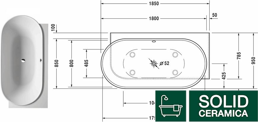 LUV Ванна пристінна 180x95 см правостороння з ніжками та панеллю, DuraSolid® (700432000000000) KMNAVARA48444 фото