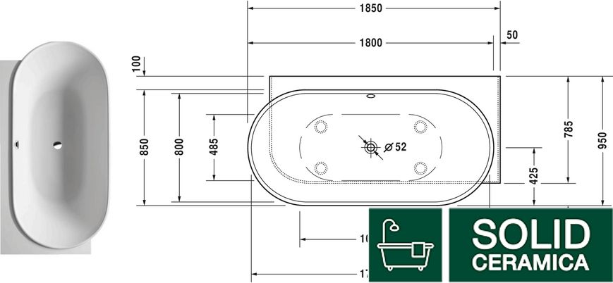 LUV Ванна пристінна 180x95 см лівостороння з ніжками та панеллю, DuraSolid® (700431000000000) KMNAVARA48445 фото