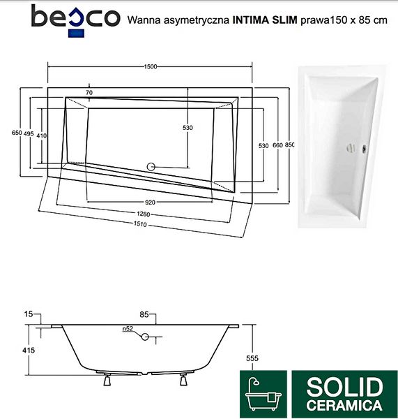 Ванна акрилова INTIMA SLIM 150х85 Права (соло) без ніг KMNAVARA37728 фото