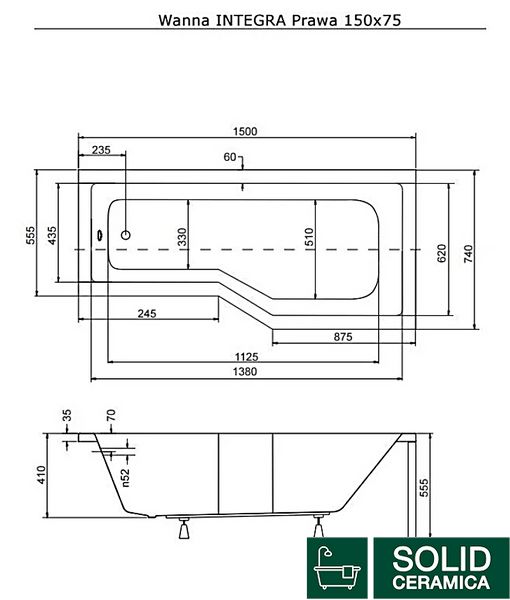 Ванна акрилова INTEGRA 150х75 Права (соло) без ніг KMNAVARA01330 фото