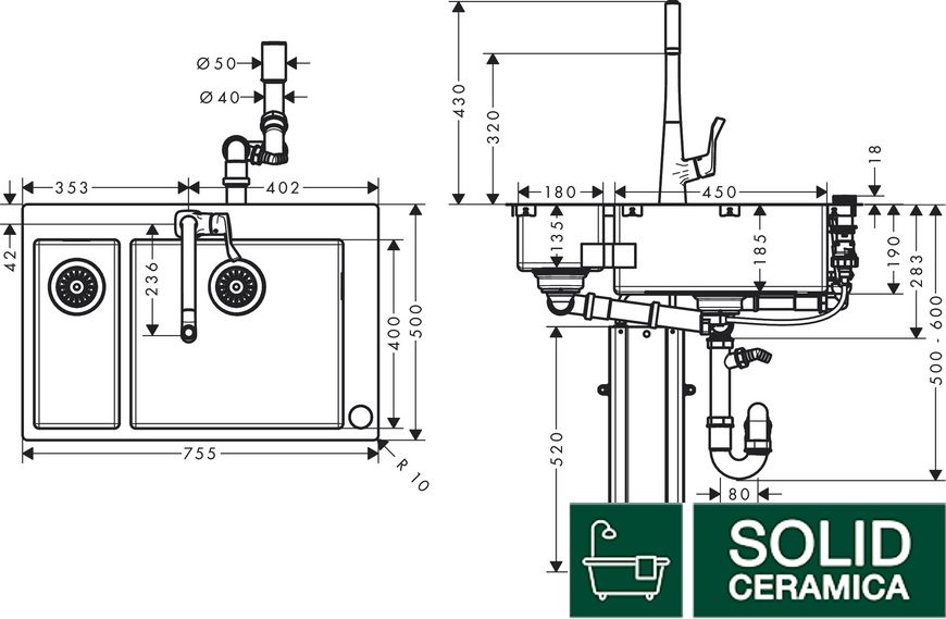 Кухонная мойка C71-F655-04 Сombi 755х500 на две чаши 180/450 со смесителем (43210800) Stainless Steel KMNAVARA32444 фото